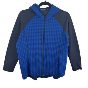 Susan Graver Weekend Blue Black Houndstooth Full Zip Knit Hoodie Jacket Women M